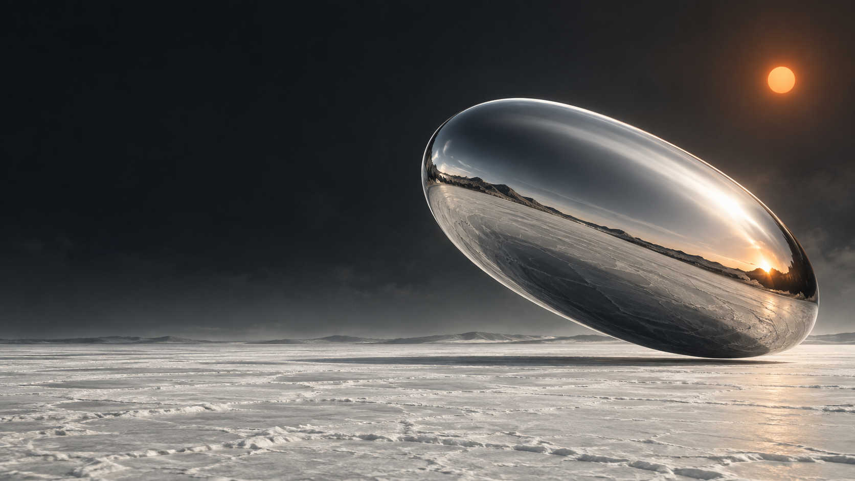 A monumental silver capsule above an otherworldly salt landscape