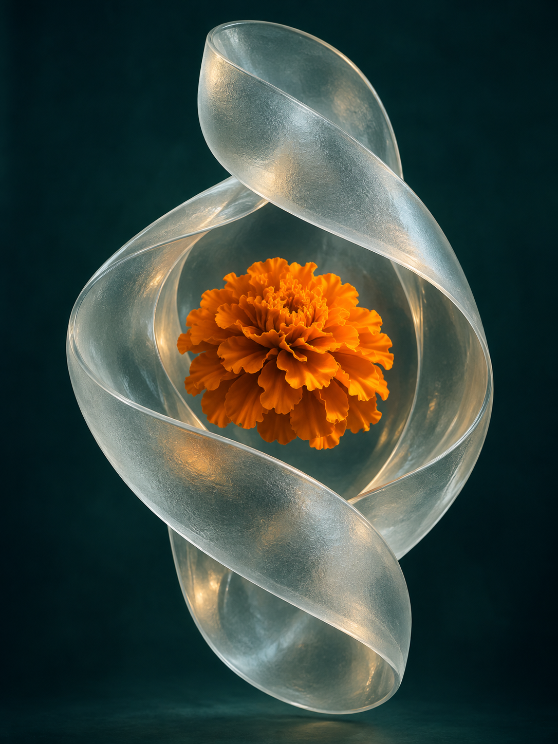 An orange flower suspended in a frosted glass ribbon