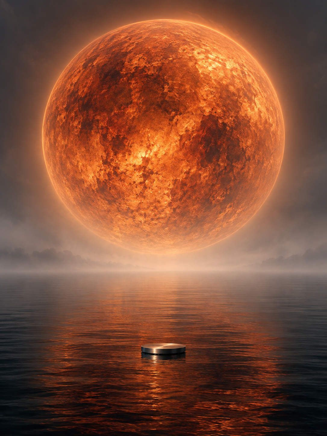 An enormous orange sun above a dark ocean